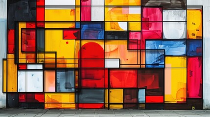 Vivid geometric graffiti on an urban street creates colorful abstract composition