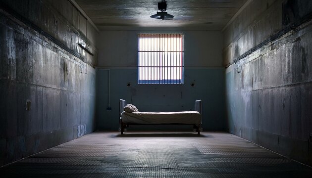 A single bed sits in the middle of a prison cell, with a barred window behind it. The room is bare and cold, with peeling paint and a sense of isolation.
