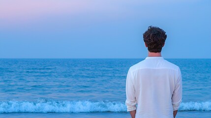 Fototapeta premium Serene Man by the Ocean at Dawn