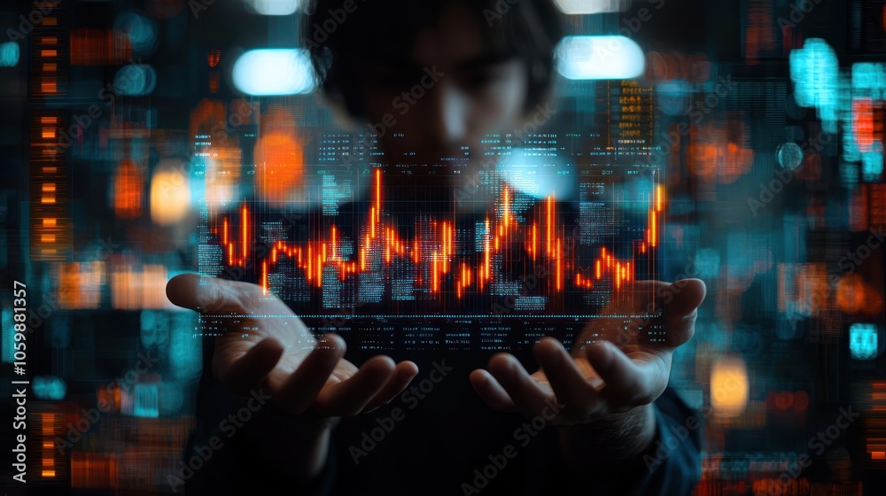 Aufkleber Hands Holding a Digital Stock Chart with Bokeh Background