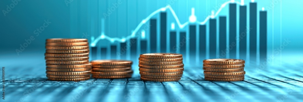 Poster golden coins stacked on a blue surface with a blurred background graph