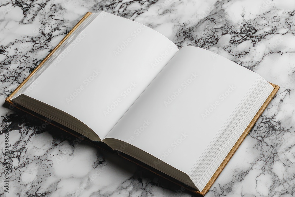 Poster open book with blank pages on marble surface