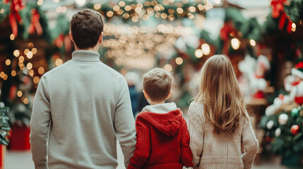 Fototapeta premium A heartwarming family moment at a festive holiday market filled with lights and cheer