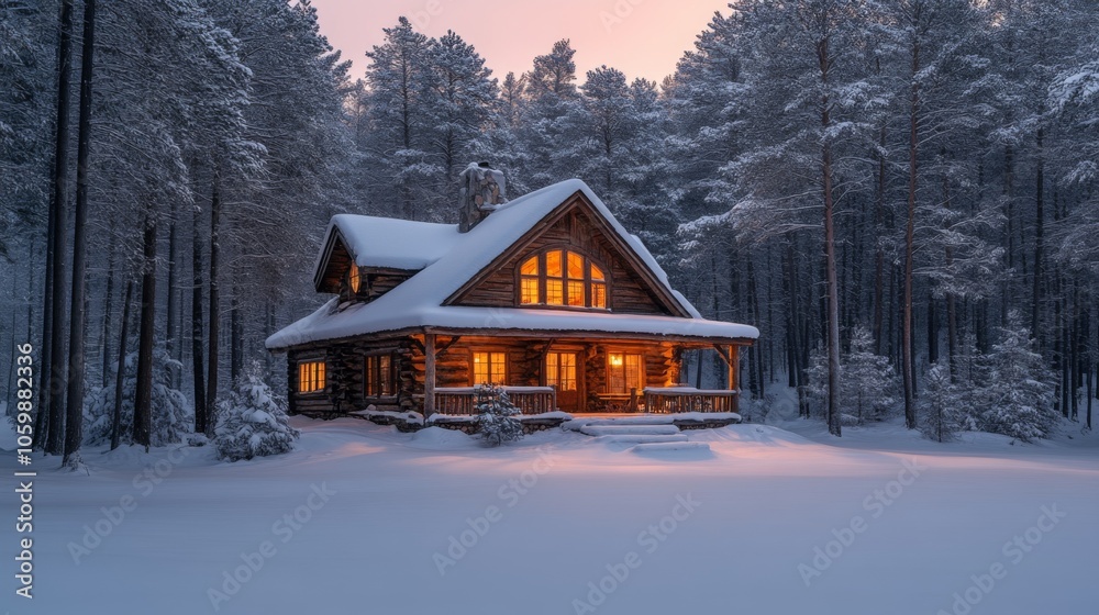 Poster a charming log cabin stands amidst a snowy forest as dusk falls. warm lights glow from the windows, 