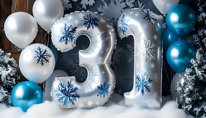 Festive silver balloons and decorations celebrating the new year with a sparkling 31 theme surrounded by snowflakes and winter elements