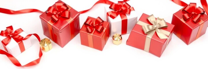 Obraz premium Many gift boxes tied with red and gold ribbons on a white background with a Christmas theme, boxes, gifts, Christmas