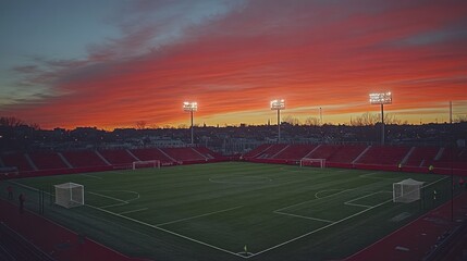 A soccer stadium at dusk with a colorful sky in the background.