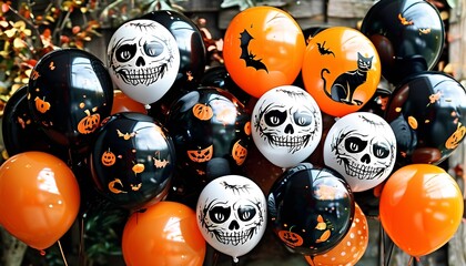 Obraz premium Halloween-themed birthday balloons with black cats, pumpkins, and skeleton patterns for an October birthday