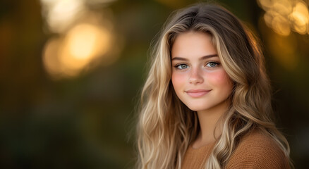 Obraz premium A young woman with flowing blonde hair smiles softly at the camera, surrounded by a natural, warm-lit background. The gentle glow of sunset highlights her features beautifully.
