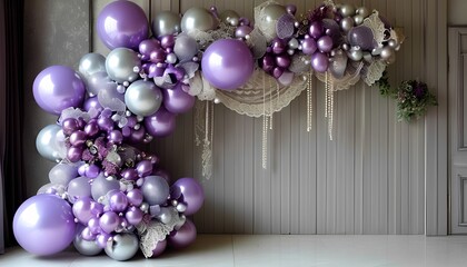 Elegant purple and silver balloon arrangement with lace and pearl accents for a luxury birthday celebration