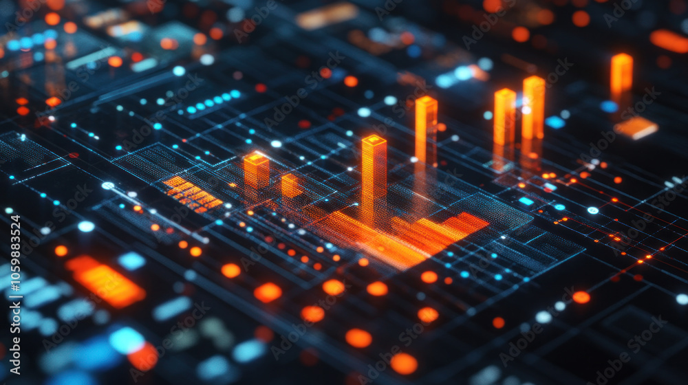 Poster a computer chip with orange and blue lights is displayed. the image is of a computer chip with orang