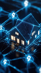 Obraz premium A house is shown in a blue and white color scheme with a lot of numbers and dollar signs