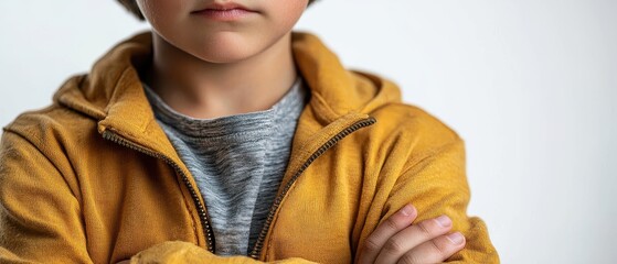 Portrait of a young boy with crossed arms wearing a yellow hoodie, showcasing a confident posture against a white background.