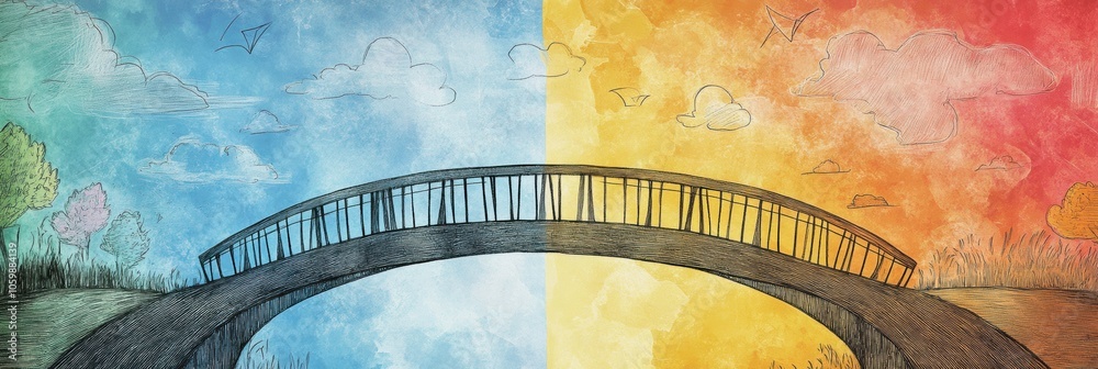 Poster this artwork depicts an imaginative bridge uniting two colorful halves, with a serene atmosphere and