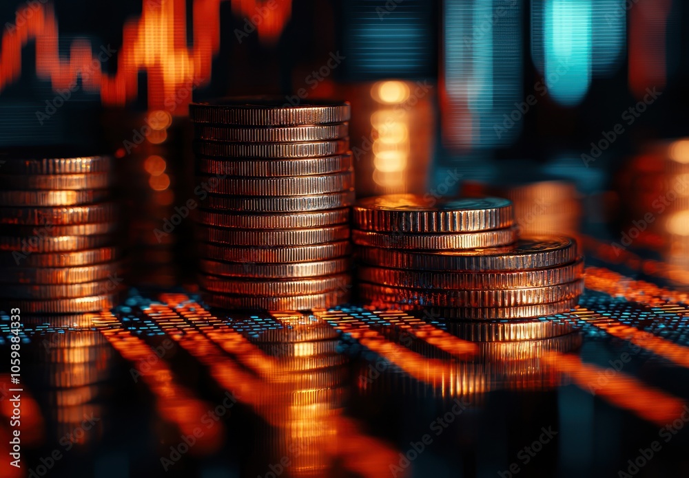 Aufkleber stacks of golden coins with blurry lights reflecting on a shiny surface