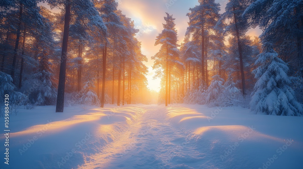 Poster snow blankets the ground as sunlight filters through the towering trees in a serene forest. the soft