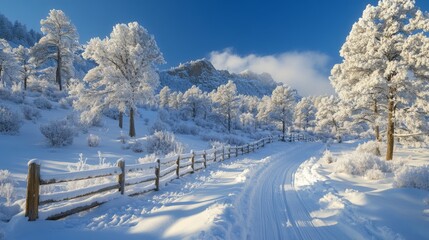 Obraz premium This serene winter landscape features a snowy path surrounded by majestic frosted trees under a bright blue sky. The tranquility of the scene invites exploration.