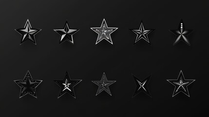 Fototapeta premium 100.A black star icon collection featuring minimalist designs of classic stars, sparkle stars with radiant beams, and falling stars with elegant curves, presented in a uniform layout for visual