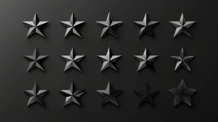 Obraz premium 100.A black star icon collection featuring minimalist designs of classic stars, sparkle stars with radiant beams, and falling stars with elegant curves, presented in a uniform layout for visual