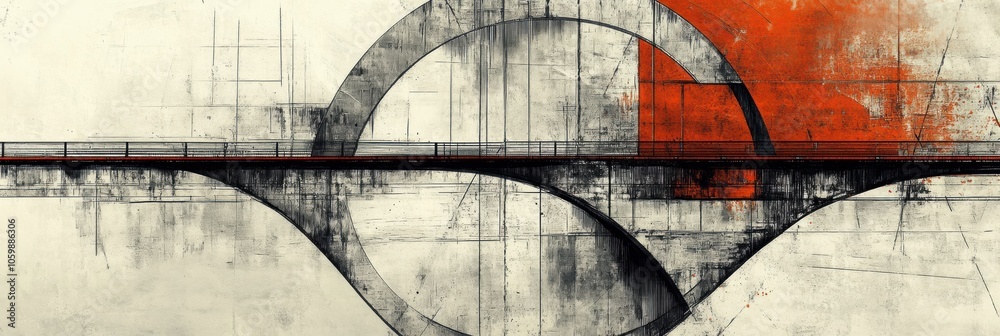 Poster This abstract piece features a striking bridge design with circular elements and bold colors, emphasizing lines and textures. Generative AI