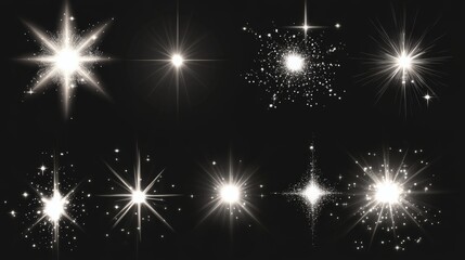Fototapeta premium 106.A collection of glowing and sparkling light effects, featuring bright white bursts, radiant star shapes, and glittering lines, all with a realistic, energetic glow perfect for highlighting