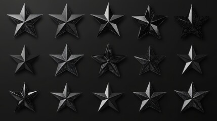 Fototapeta premium 96.A detailed collection of black star icons, featuring a variety of star shapes including five-pointed stars, sharp geometric stars, and soft rounded stars, with sparkling star designs and falling