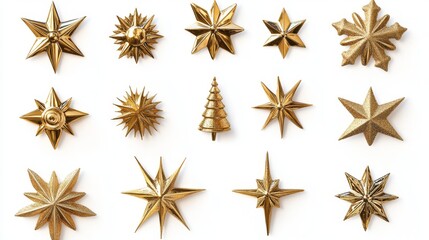 115.A detailed set of Christmas-themed golden stars, featuring shiny metallic textures and intricate 3D designs, from smooth symmetrical stars to complex starburst shapes, all isolated on a clean