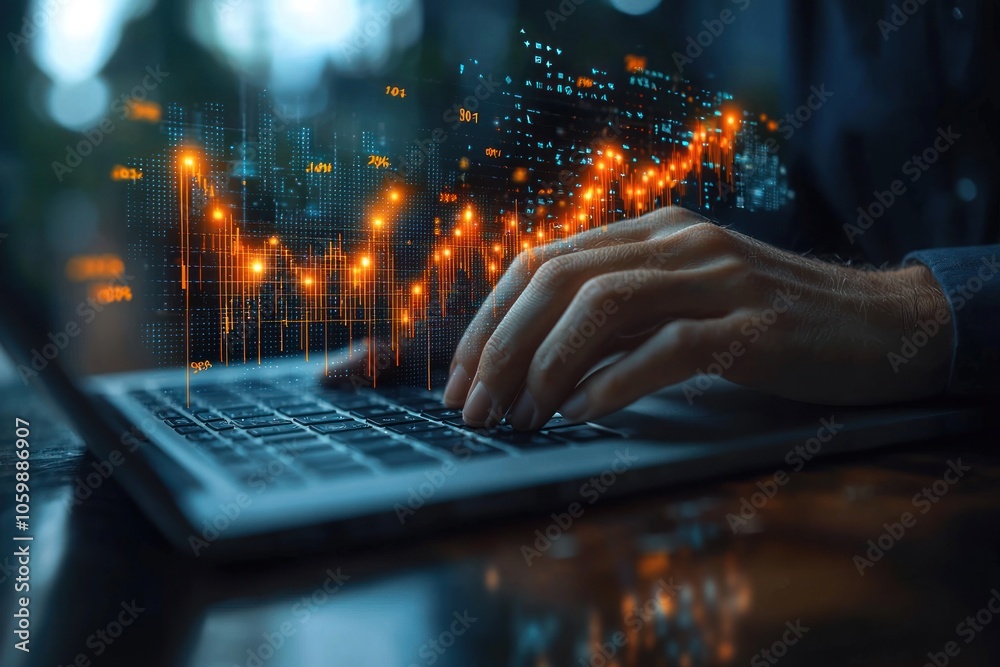 Aufkleber Hand Typing on Laptop with Holographic Financial Data Visualization