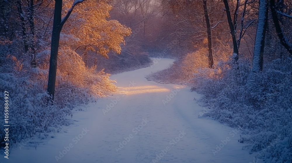 Aufkleber a tranquil winter landscape showcases a winding path covered in fresh snow, with gentle sunlight ill