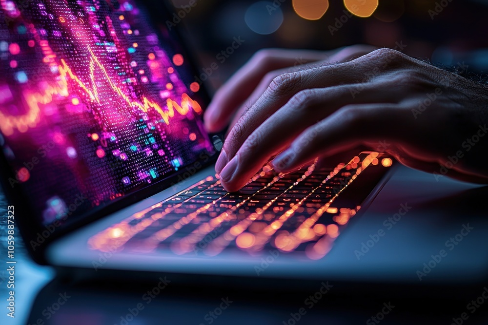 Poster Hands Typing on a Laptop with a Glowing Keyboard and a Screen Displaying Data