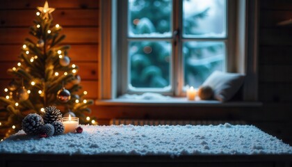  Decorated Christmas tree beside a window with snow outside Keywords