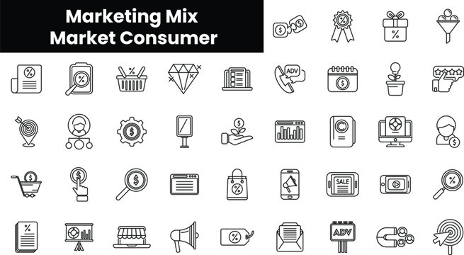 Set of outline marketing mix market consumer icons