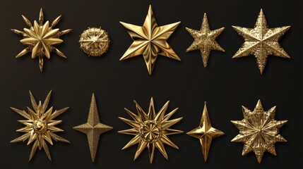 Obraz premium 117.A set of realistic golden Christmas stars in different styles, from glossy five-pointed stars to intricate 3D designs, showcasing the shiny metallic texture and rich gold tones.