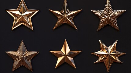 Obraz premium 117.A set of realistic golden Christmas stars in different styles, from glossy five-pointed stars to intricate 3D designs, showcasing the shiny metallic texture and rich gold tones.