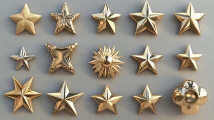 Obraz premium 116.A shimmering collection of golden stars, with a variety of star shapes ranging from simple to ornate, each star rendered in 3D with reflective metallic finishes and soft shadows.