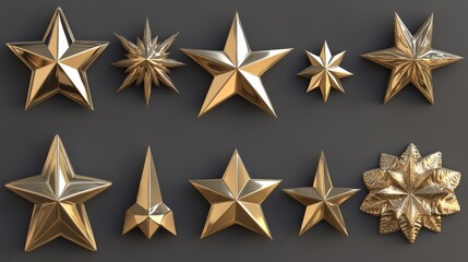 Obraz premium 116.A shimmering collection of golden stars, with a variety of star shapes ranging from simple to ornate, each star rendered in 3D with reflective metallic finishes and soft shadows.
