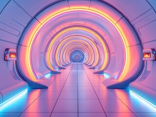 Obraz premium Futuristic Tunnel with Glowing Neon Lights and White Walls
