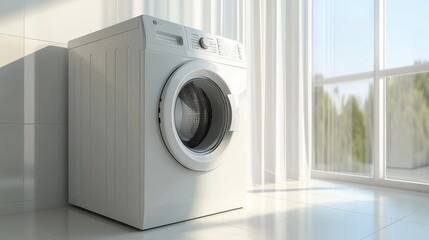 1.A sleek white front load washing machine with a modern, minimalistic design, standing against a clean white wall in a bright, tiled laundry room with natural light pouring in from a nearby window.