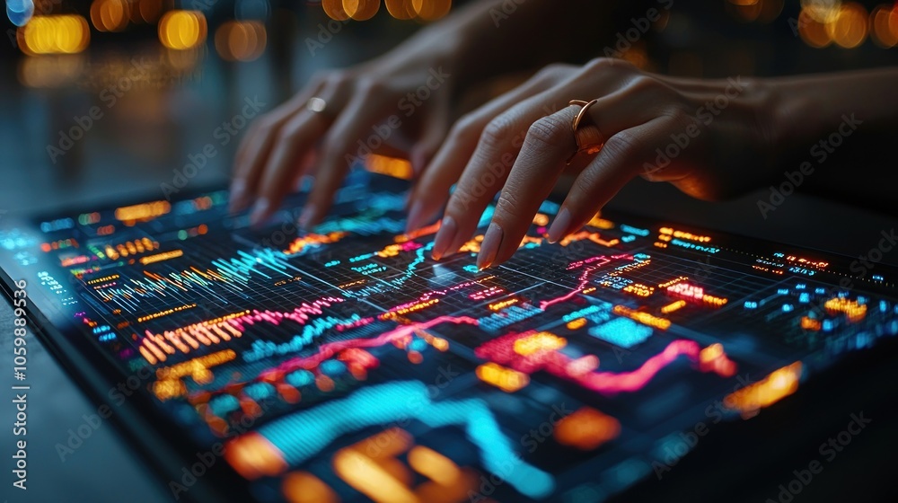 Poster Closeup of a Hand Interacting with a Tablet Displaying Stock Market Data