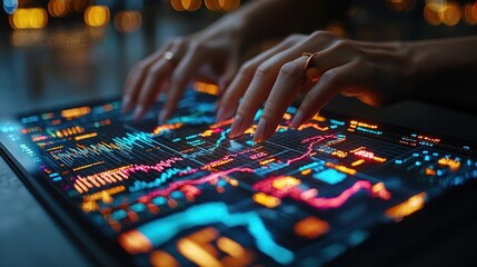Closeup of a Hand Interacting with a Tablet Displaying Stock Market Data