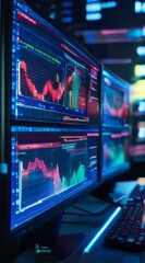 Obraz premium Financial Data Displayed on Multiple Monitors in Moody Room with Blue and Red Lights Stock Market Graphs and Analysis.