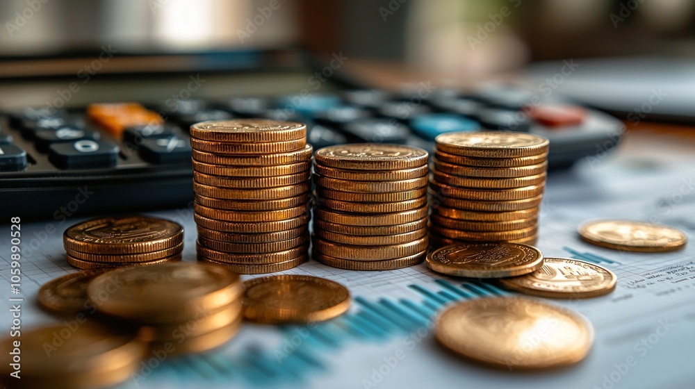 Poster stacks of gold coins on a graph paper with a calculator