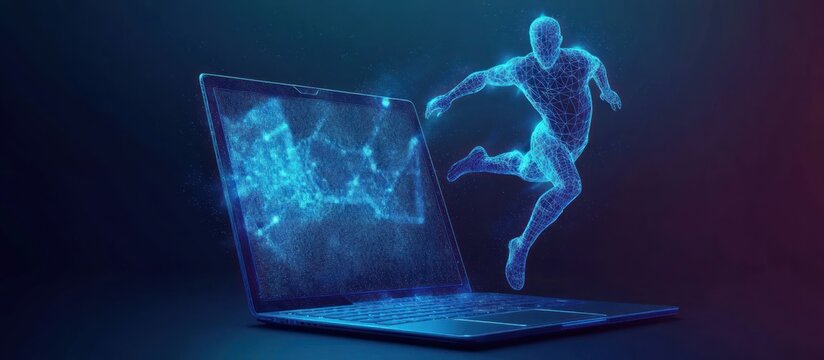 Soccer Player Runs Out of the Laptop Screen. Cyber sport or Sports Betting futuristic concept. Digital Football Player on Mobile Computer