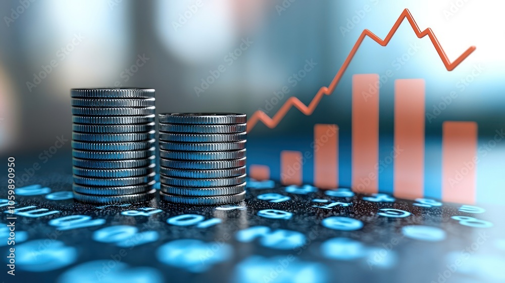 Poster Stacks of Coins with a Red Arrow and Bar Graph