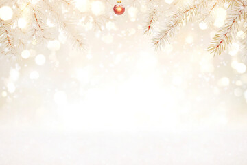 Minimalist Christmas scene on soft, blurred light background with New Year greenery and branches