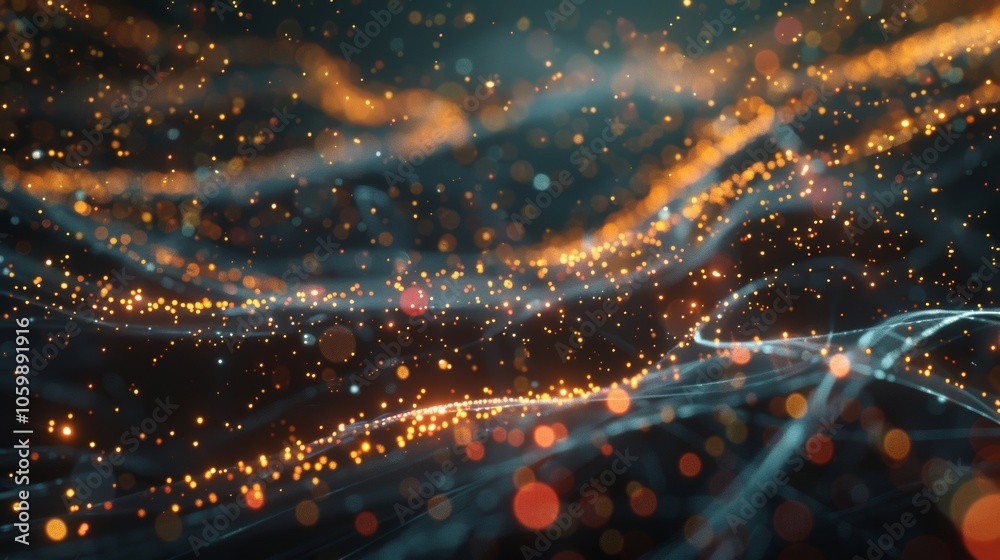 Poster golden particles flowing and swirling over a dark wavy surface, creating a mesmerizing and futuristi