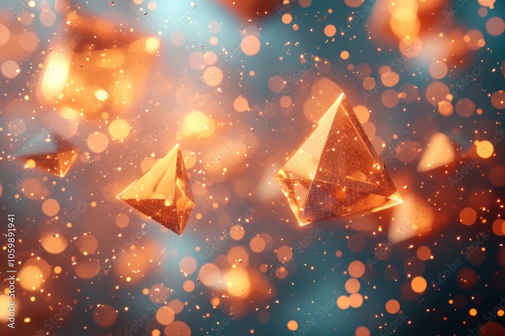 Poster Two Golden Geometric Pyramids Floating in a Blur of Warm Bokeh Lights