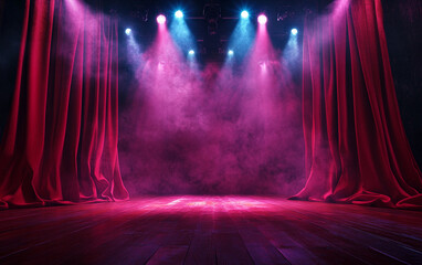 Theater stage with red curtains and spotlights. Theatrical scene in the light background