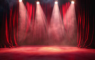 Theater stage with red curtains and spotlights. Theatrical scene in the light background