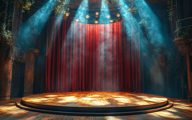 Theater stage with red curtains and spotlights. Theatrical scene in the light background